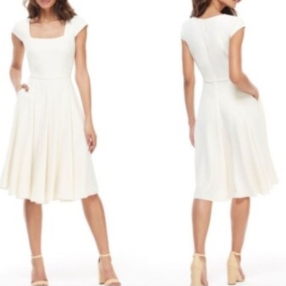 Gal Meets Glam Regina Cream Midi A-line Fit & Flare Cap Sleeve Dress.